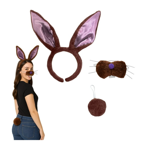 Nicky Bigs Novelties Fuzzy Brown Bunny Ears Headband and Nose with Tail Set - Bendable Lightweight Simple Accessories - Easter Halloween Costume Headwear, Brown, One Size