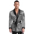 thumbnail image 4 of Raenseen Mens Satin Smoking Jacket Polyester Robe Long Sleeve Morning Kimono Bathrobe with Belt Gray S, 4 of 8