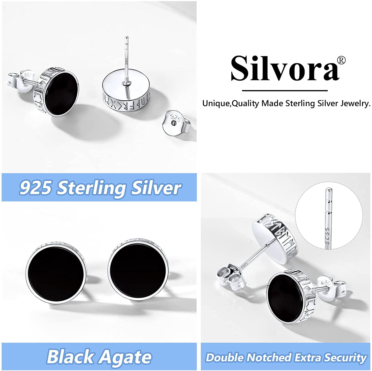 Silvora Earrings for Men 925 Sterling Silver Stud Earrings with 8MM Black Onyx Norse Viking Rune Jewelry Gift for Sensive Ears
