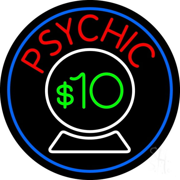 Psychic With Crystal Globe Blue Border LED Neon Sign 26" Tall x 26" Wide - inches Black Square Cut Acrylic Backing, with Dimmer - Bright and Premium built indoor LED Neon Sign for Storefront.