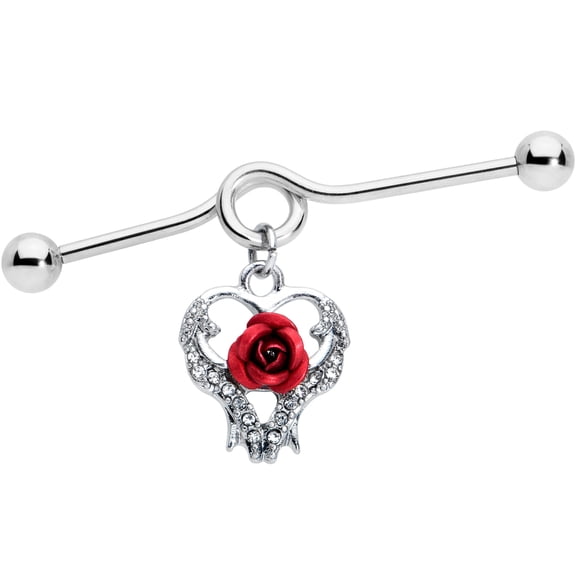 Body Candy Womens 14G Steel Helix Cartilage Earring Red Rose Flower Heart Dangle Project Barbell 1 1/2"