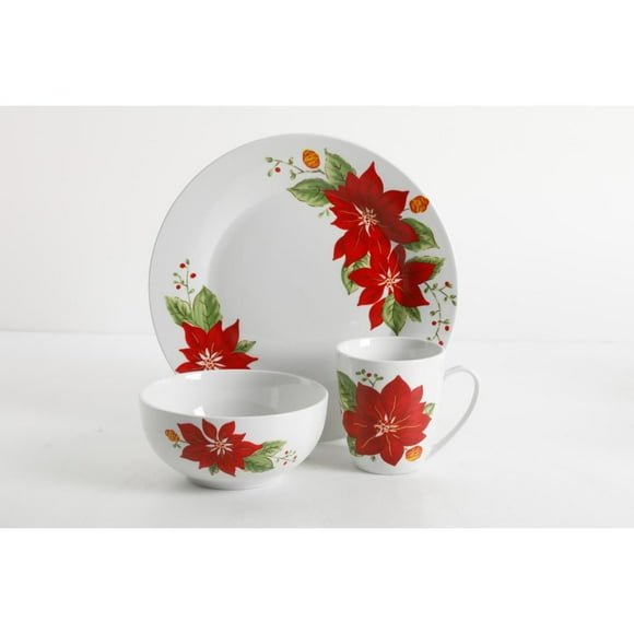 Gibson Holiday Poinsettia 12 Piece Dinnerware Set, Fine Ceramic