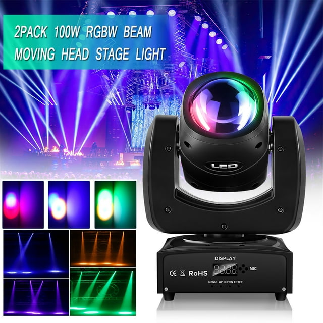 DJ Lights Beam Moving Head LED RGBW Gobo Pattern Spot Light featuring a black plastic and aluminum body with a rotating head. It produces red, green, blue, and white beams with a 4-degree fixed beam angle. The light is sound-activated and supports DMX512, automatic, and master-slave control modes. Ideal for KTV, nightclubs, discos, and stage lighting. Includes a power cord, bracket, screws, and instruction manual.