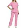 thumbnail image 2 of UPPADA Women 2 Piece Scrub Sets V Neck Short Sleeve Scrub Top and Drawstring Flare Leg Pants with Ankle Notch Anti Wrinkle Lightweight Uniform for Nurses Pink,XL, 2 of 9
