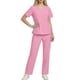 thumbnail image 1 of Conjuntos de uniforme médico para mujer, informal, cuello en V, manga corta, camiseta y pantalones con cintura elástica, color liso, 2 piezas, con bolsillos, 1 of 9