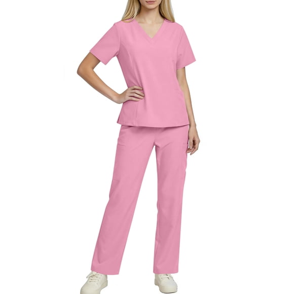 TaTaai Women V-Neck Short Sleeve Scrub Set Solid Color with Pockets Nursing Uniform Top & Bottoms Ladies Medical Clinic Daily Work Wear Soft Breathable No Fading Comfortable Outfit Gift