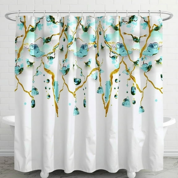 Elegant White Shower Curtain with Gold & Teal Abstract Pattern for Your Bathroom