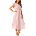 thumbnail image 4 of Vestido midi casual sin mangas con volantes para mujer Inspire Chic, cuello redondo, plisado, fluido y con cinturón, color rosa, 4 of 5