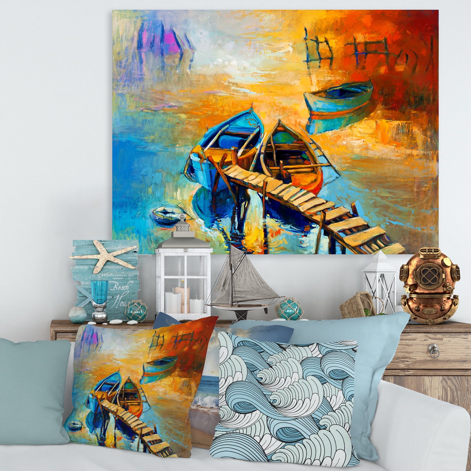 Boat At The Lake During Evening Glow V 12 in x 8 in Painting Canvas Art Print, by Designart