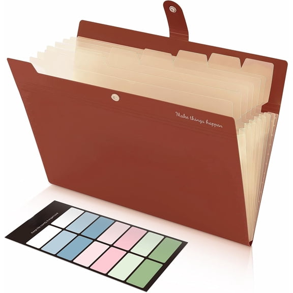PrimeCook Shop File Folder with Labels, Accordion File Organizer with 8 Pockets, Portable Document Organizer, A4 Letter Size, Paper Organizer for Office, Brown