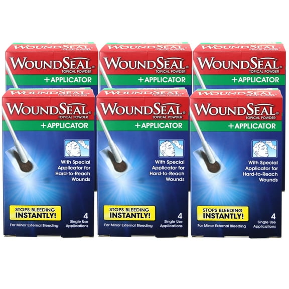 WoundSeal Topical Powder   Applicator for Minor External Bleeding, 4 Single Use Applications - 6 Pack