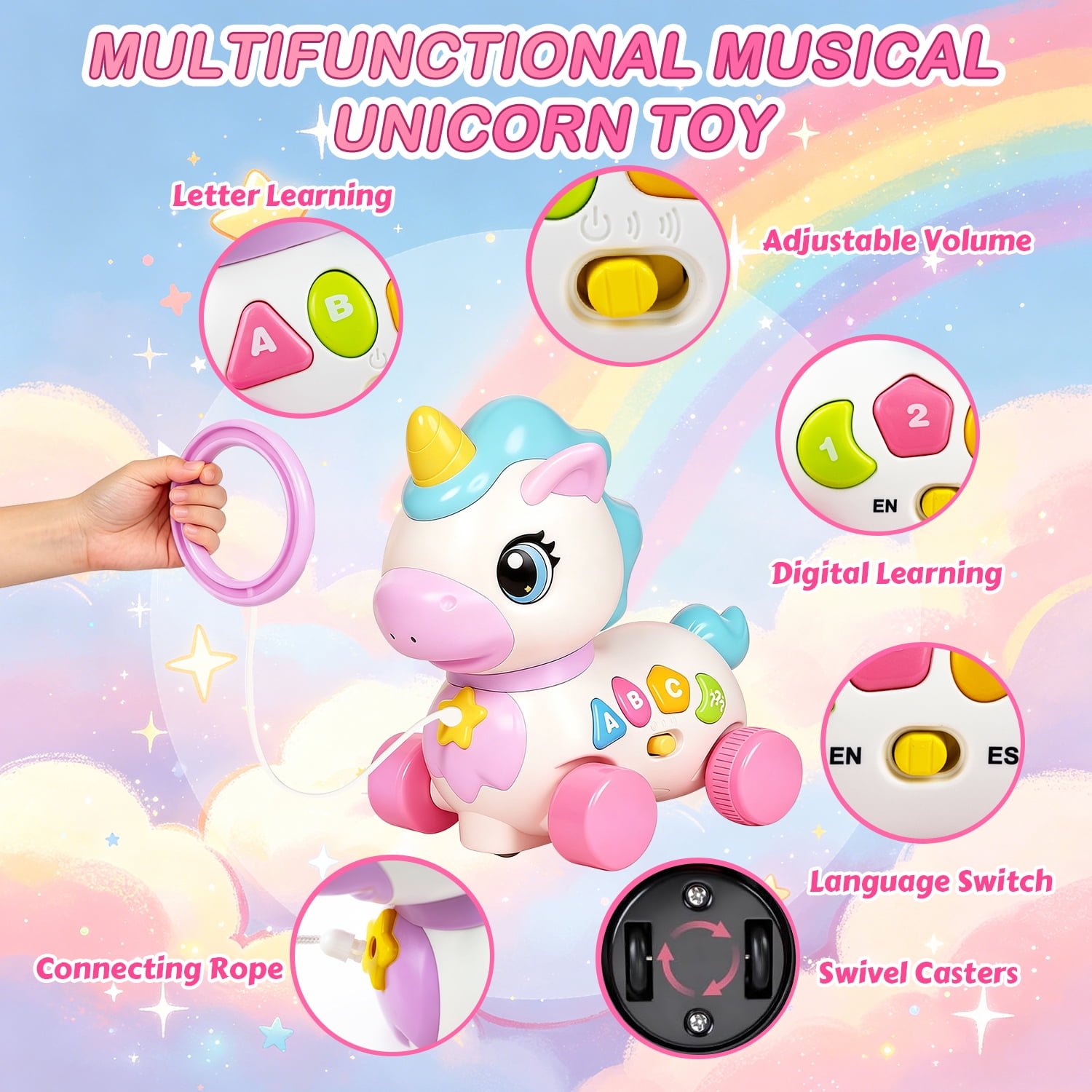 QOQ Baby Unicorn Musical Toy with Music & Lights, Bilingual Educational Sensory Toy for 6-18 Months, Crawling & Walking Learning Toy for Infants & Toddlers, Birthday Gift for Baby Girls Boys