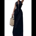 thumbnail image 2 of Vestido de Mujer con Escote en V Profundo, Cremallera, Mangas , Fruncido, Cintura Elástica, Abertura, Vestido Informal de Verano Midi con Bolsillos. Negro M, 2 of 7