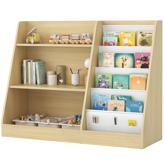 Kids Bookshelf and Toy Storage, 3 Tier Wooden Kids Bookcase with Storage, Floor-to-Ceiling Baby Book Organizer with Sling, Children Book Rack for Playroom, Classroom, Nursery, Natural