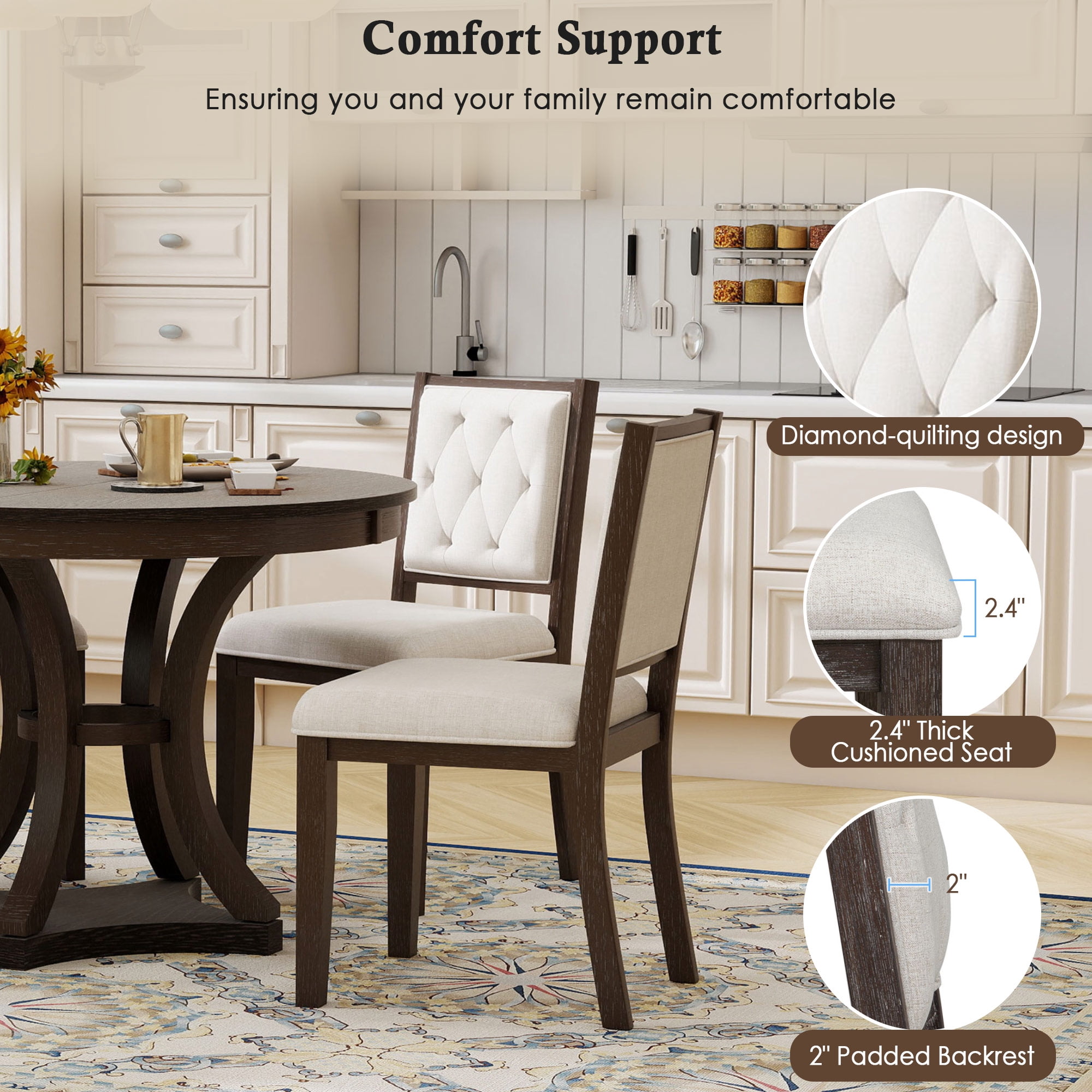 Mintazer 5 Piece Extendable Round Dining Table Set, Retro Expandable Dining Set with Round Table & 4 Tufted Upholstered Chairs for Living Room Dining Room, Espresso