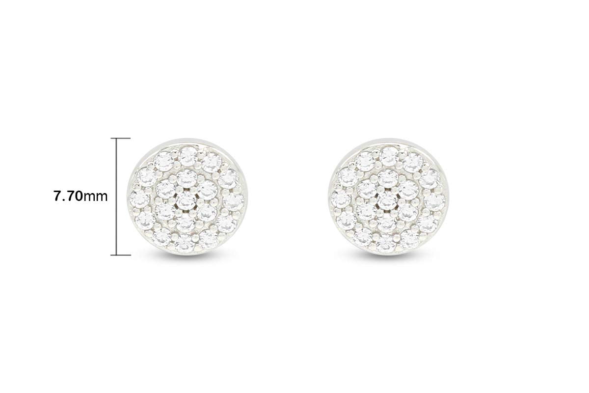 Round Sparkling White Cubic Zirconia Dainty Disc Stud Earrings 14k White Gold Plated 925 Sterling Silver with push-backs