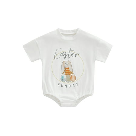 

Fayueye Infant Baby Easter Jumpsuit Cartoon Rabbit Letter Print Short Sleeve Round Neck Romper for Boys Girls 0-18 Months