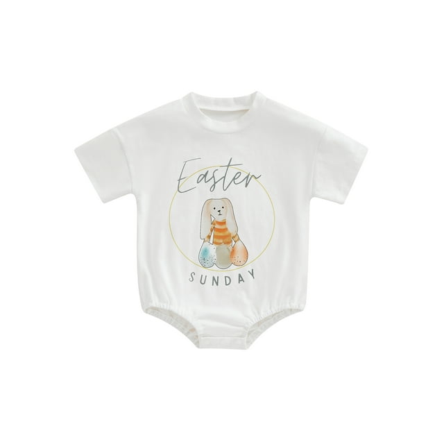 Faithtur Combinaison de Pâques pour Bébé, Imprimé Lettre Rabbit Dessin Animé Manches Courtes Col Rond pour Garçons Filles, 0-18 Mois