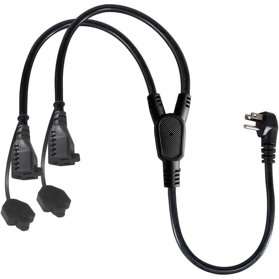 Outdoor Extension Cord Splitter,90-Degree Flat Plug Black 2 Way Waterproof Power Cord Y Splitter,1 to 2 Extension Cord,Short 3 Prong Extender US Power Strip,16AWG,2ft(5-15P to 2 * 5-15R, 2ft/0.6m)