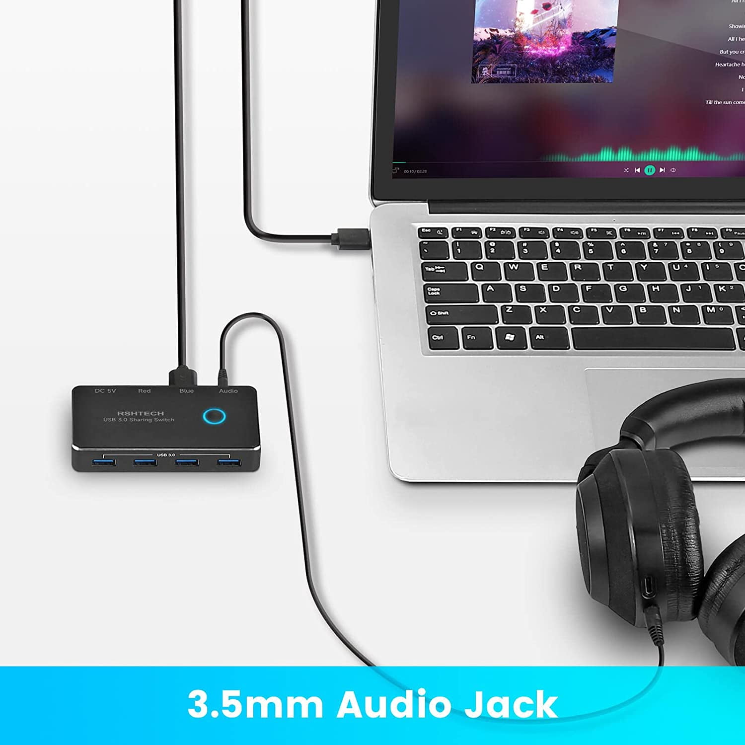 USB 3.0 Switch, RSHTECH 2 in 5 Out Aluminum Hub Selector for 2 Computers Sharing 4 USB Devices and 3.5mm Audio Output,RSH-A201