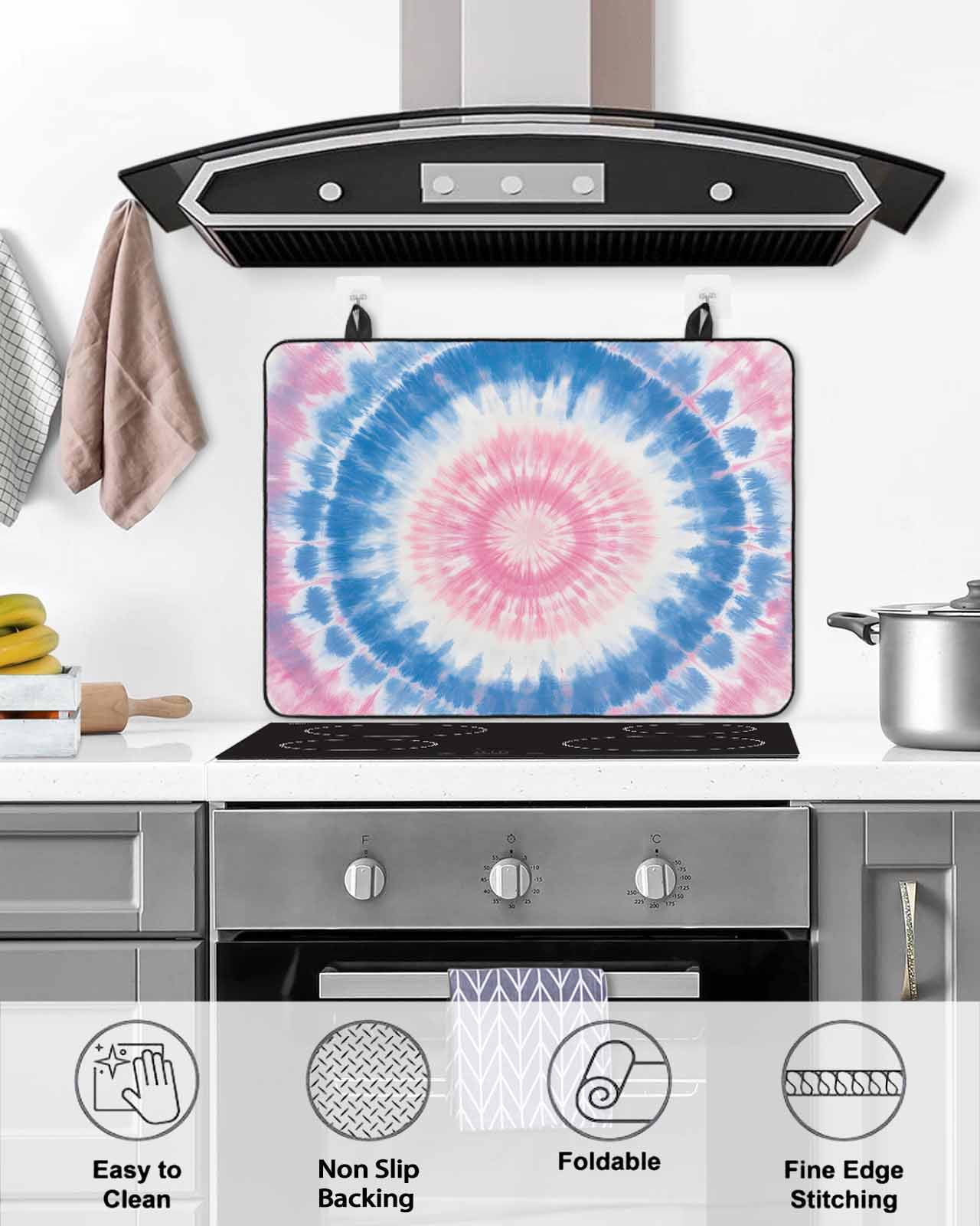 nqOlkjepod Large Induction Cooktop Protector Mat 24"x21", Pink Blue Ombre Stove Top Covers for Electric Stove, Modern Boho Ethnic Tie Dye Geometric Stove Burner Cover Mats, Glass Top Stove Cover