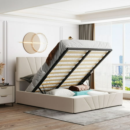 Queen Size Upholstered Platform Bed with A Hydraulic Storage System  Queen Bed with Tufted Headboard  Bed Frame with Storage  Lift Up Storage Bed  Mattress Foundation for Bedroom  Beige