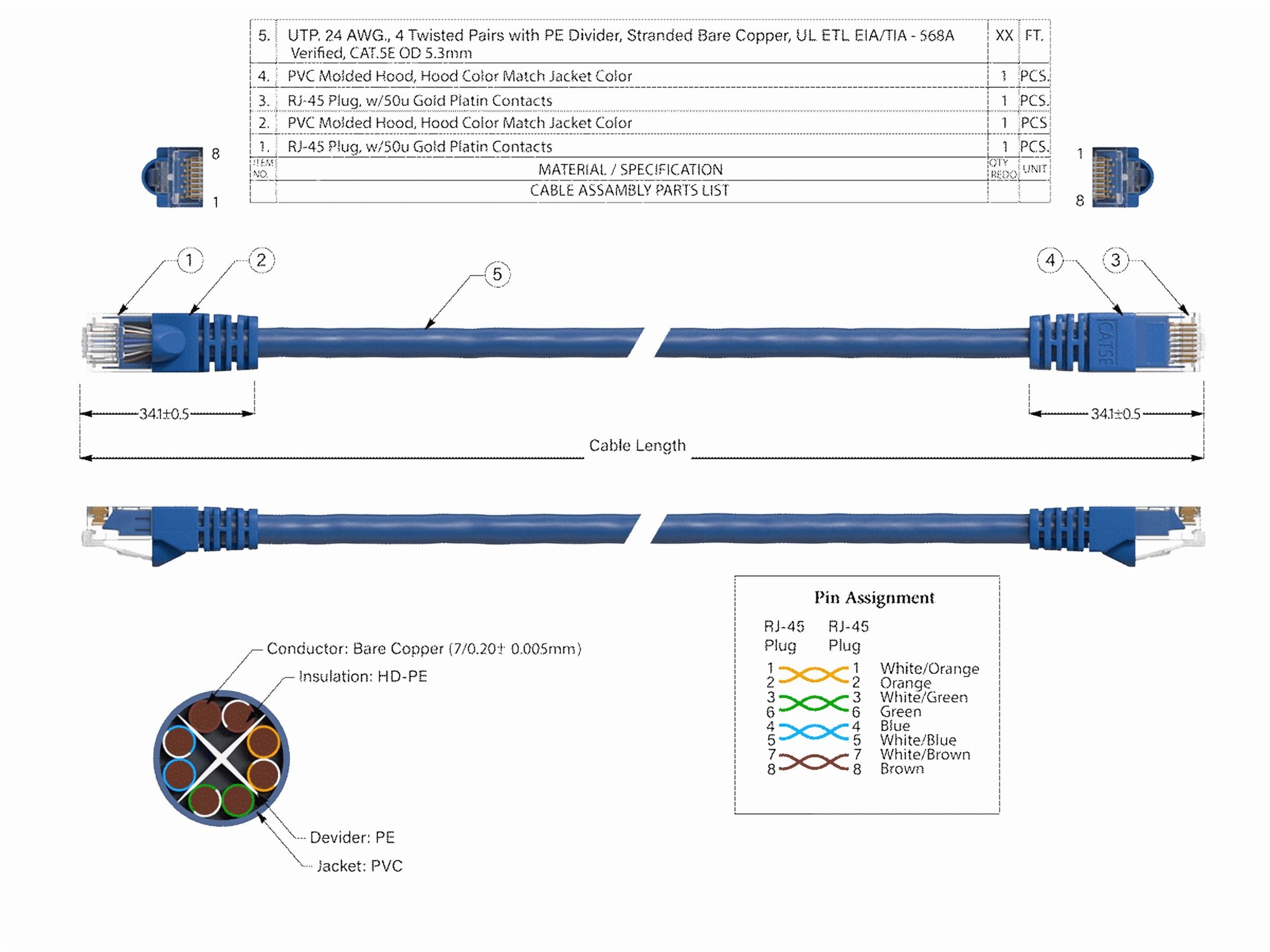 Cable Leader 100ft Cat5e UTP Ethernet Network Patch Cable Snagless 24AWG Bare Copper, Blue