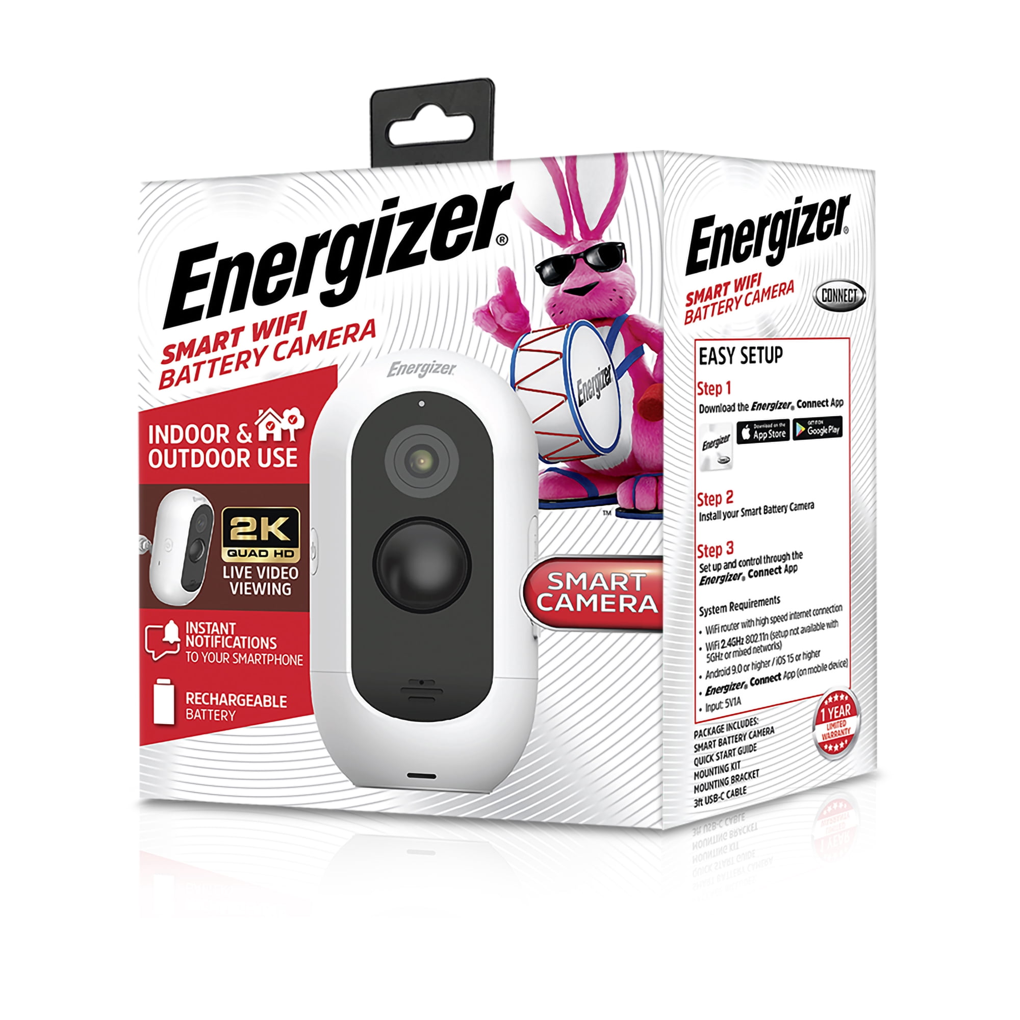 Energizer 2K Smart Camera, Wireless Outdoor Security Camera with Rechargeable Battery, White