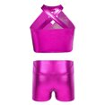 thumbnail image 2 of TiaoBug Kids Girls Cheerleading Outfits Shiny Sequin Sleeveless Crop Top and Metallic Shorts Set Dancewear Hot Pink 8, 2 of 6