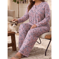 thumbnail image 4 of PINKSIR Plus Size Pajama Sets for Women Printed Long Sleeve Henley Sleepwear Button Pleated Top and Long Pants 2 Piece Loungewear Set with Pockets, 4 of 9