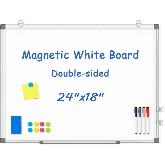 Double-Sided White Board, 24" x 18" Dry Erase Board Magnetic Whiteboard for Wall, Hanging Mounted Whiteboard Silver Aluminium Frame for Home, School, Office, Kitchen