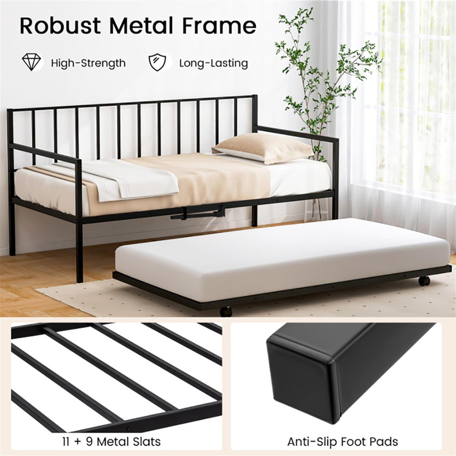 Demi Bonn Twin Size Daybed and Trundle Frame Set Trundle Bedframe, Modern Bed Frame for Teens, Black