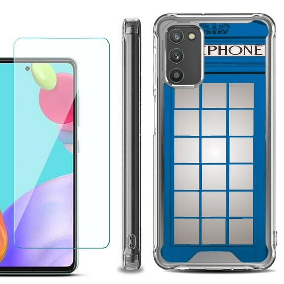 Shockproof Bumper Phone Case for Samsung Galaxy A02s, with Tempered Glass Screen Protector, by OneToughShield ® - Phone Booth Blue