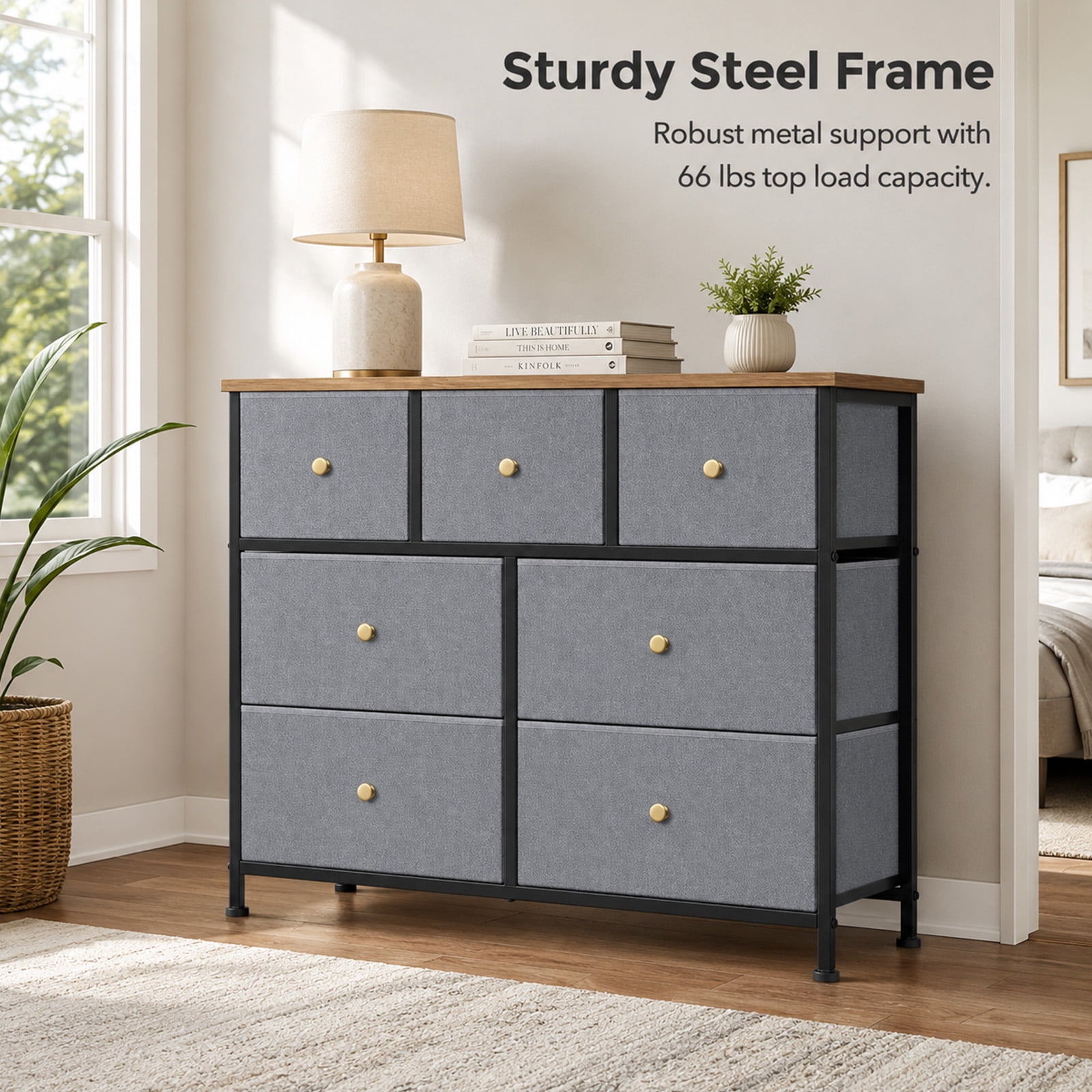 Alvantor 5/7 Drawer Fabric Dresser, Storage Tower for Bedroom and Closet, Chest of Drawers with Sturdy Steel Frame & Wooden Top for Living Room, Entryway