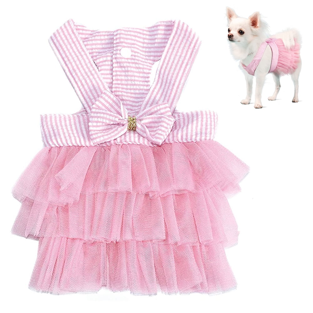 Pet Dog Dress for Girl and Boy Doggy Cats Rabbit Fancy Adorable Striped Mesh Dress Princess Petit Vest Doggie Bowknot Dresses for Small Dogs Pomeranian Chihuahua Skirt Pet Puppy Pink S