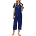 thumbnail image 2 of Juosiy Women Simpe Fashion Ice Silk Satin Sleepwear Solid Color Smooth Lapel Short Sleeve Capri Pajamas Home Suit, 2 of 7