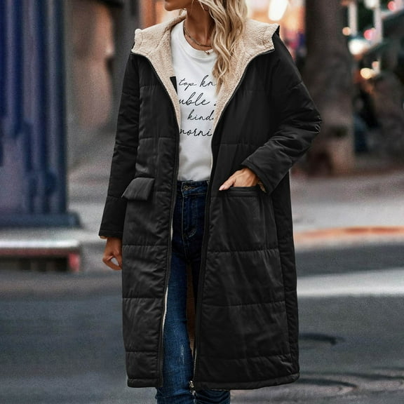 Black and Friday Clothing Sales Idoravan Women's Quilted Puffer Coat,Women's Winter Casual Loose Fashion Color Pocket Zippered Tops Reversible Long Cotton Coat Black S