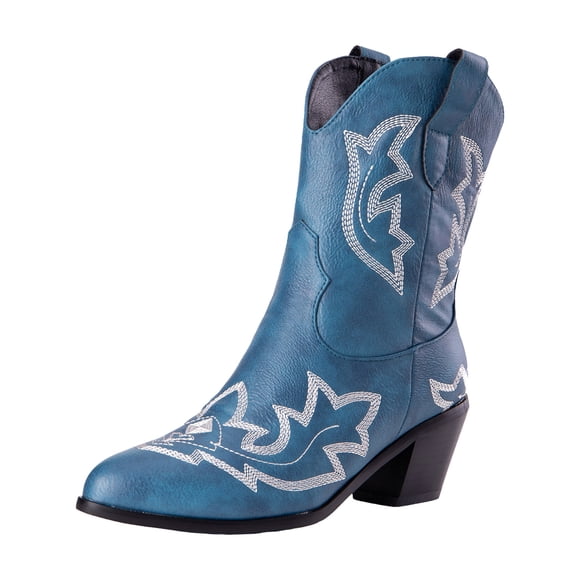 Womens Western Wide Mid Calf Cowboy Cowgirls Boots Vintage Leather Chunky High Heel Knight Riding Boots