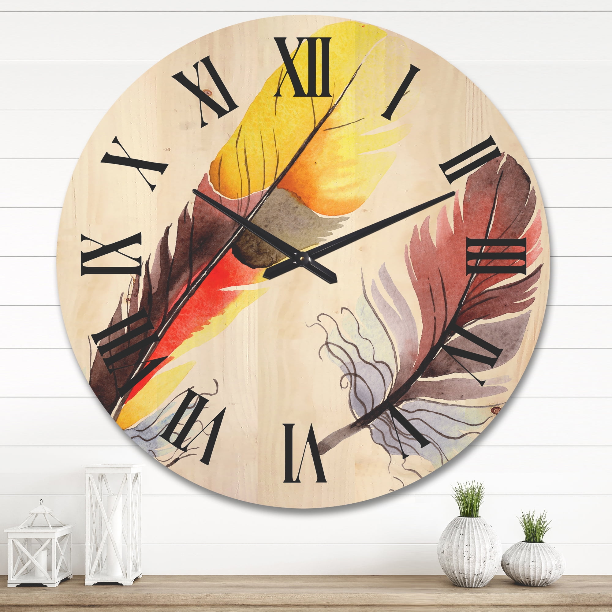 Designart 'Colourful Boho Art Feathers IV' Bohemian & Eclectic Wood Wall Clock