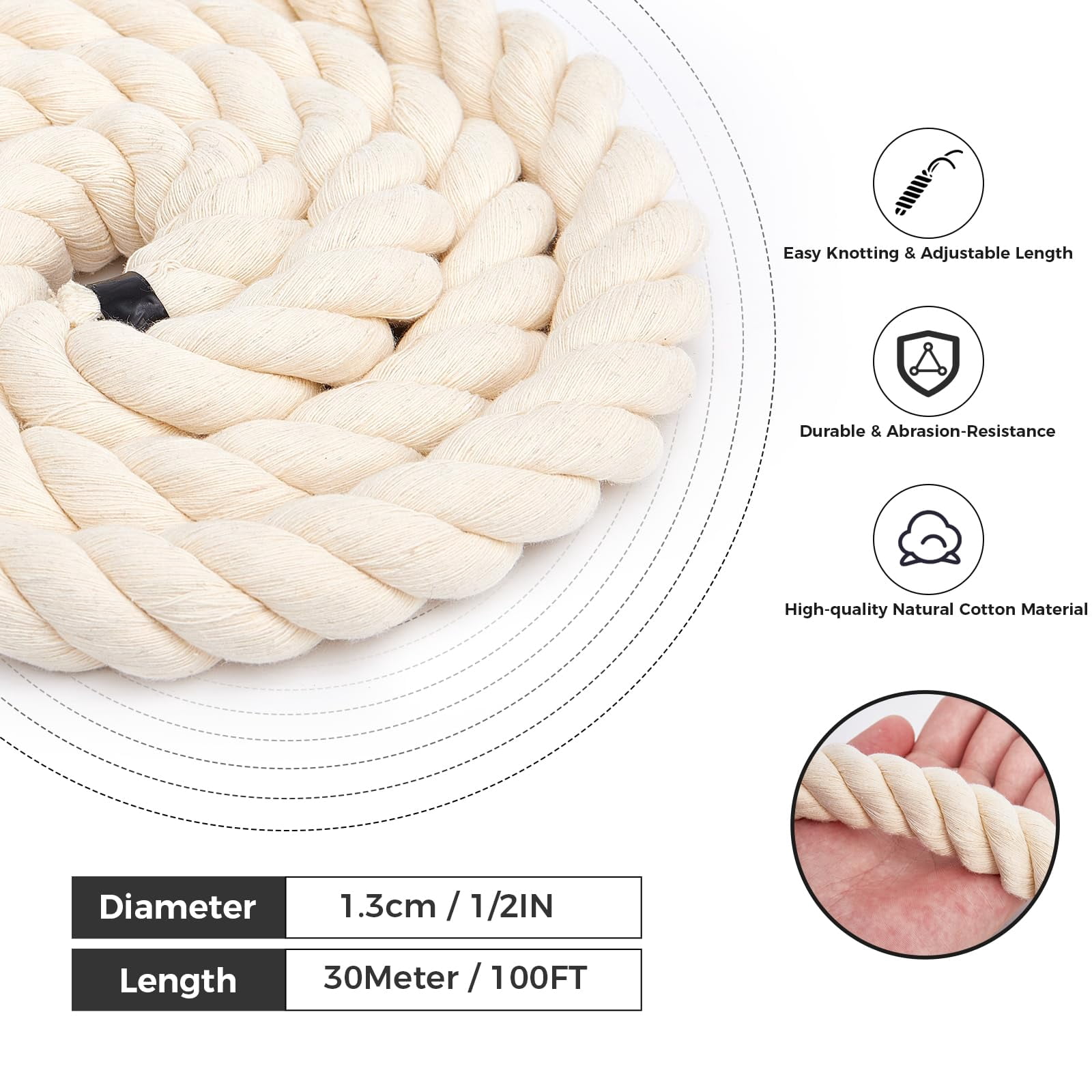 1/2" x 100FT, Natural 3-Strand Twisted Cotton Rope, Thick Braided Soft Macrame Cord for DIY Crafts, Home Decor, Plant Hangers & Outdoor Projects(White)