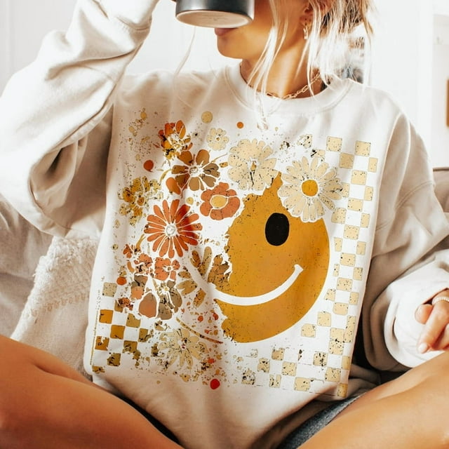 Floral Fall Smiley Face Sweatshirt, Fall Sweatshirt, Fall Pumpkin Shirt Sweatshirt, Thanksgiving Sweatshirt, Autumn Sweatshirt, Fall Shirt, Pumpkins, Boho Sweatshirt,Floral Sweatshirt