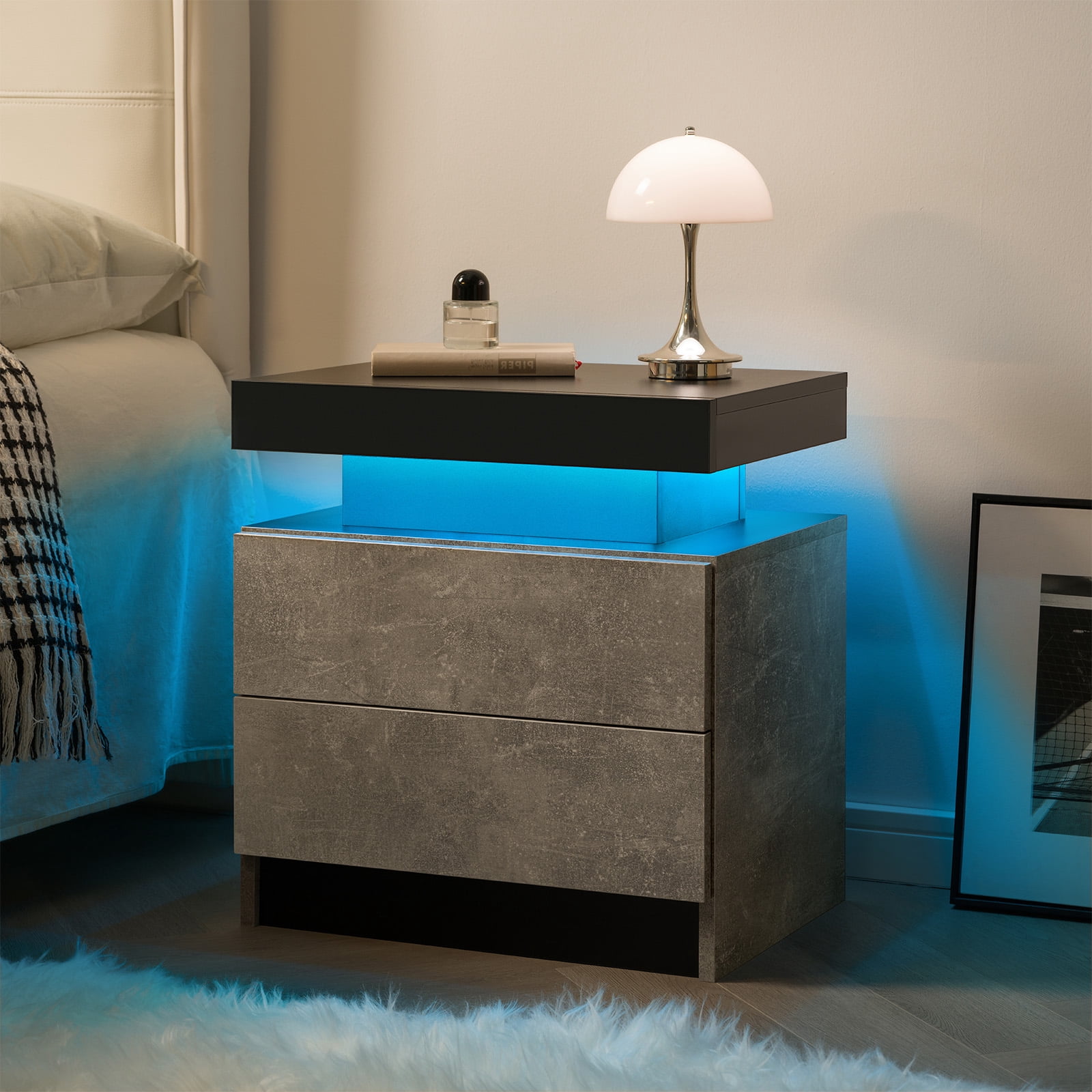 Leumius 2 Drawer Modern Nightstand with LED Light Small Bedside Tables End Side for Bedroom,Black+ Gray