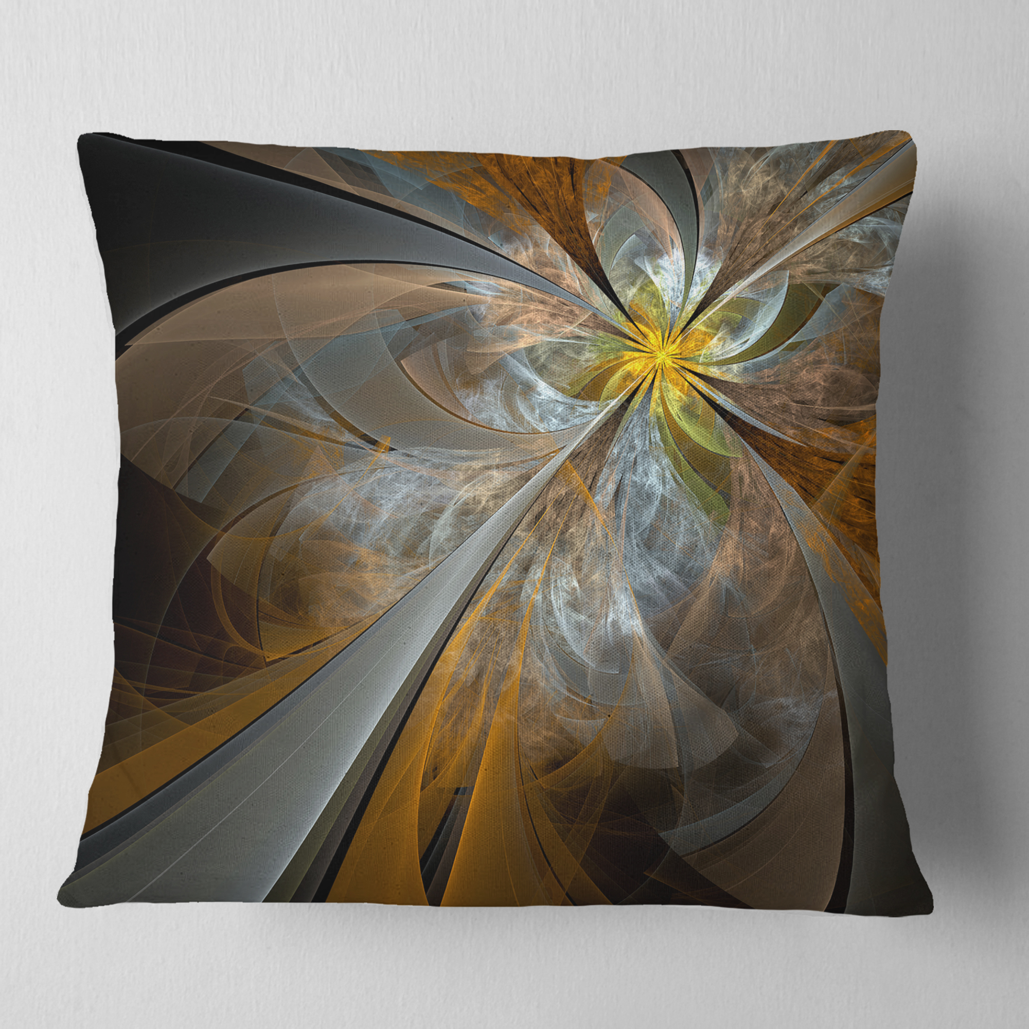 Designart Symmetrical Yellow Fractal Flower - Abstract Throw Pillow - 16x16