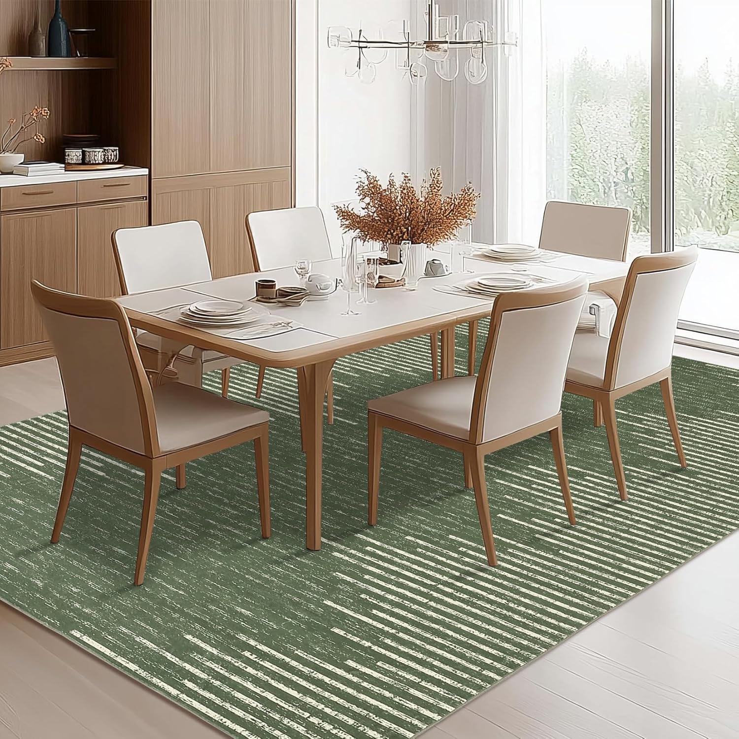 9x12 Washable Area Rug for Living Room Dining Room Distressed Stripes Office Carpet Non Slip Stain Resistant Farmhouse Floor Cover Green Rug