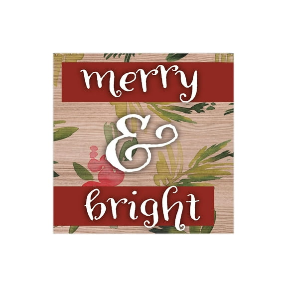 Merry & Bright Tan Woodgrain Floral 12 x 12 Wood Wall Sign Plaque