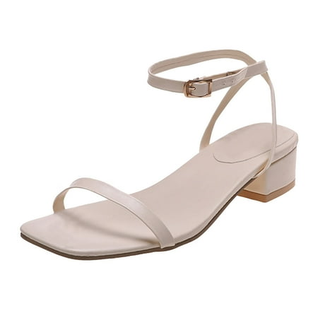 

sandals for Women Ladies Fashion Solid Color Leather Open Toe Chunky Heel Buckle Sandals PU Dress Sandals for Women Beige