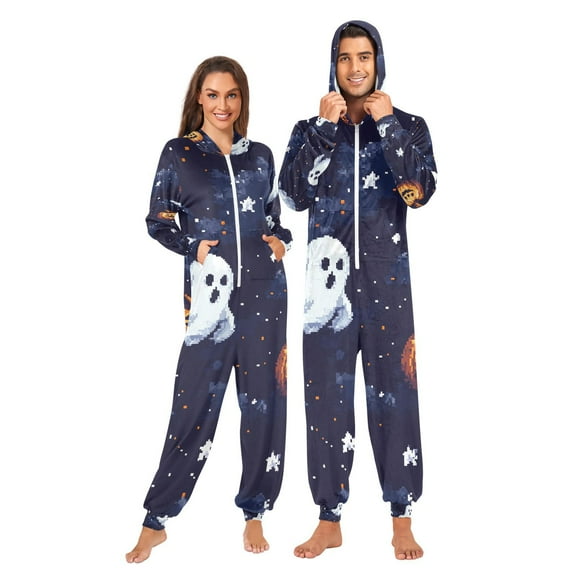 Pixel Ghosts Pumpkins Adult Onesie Pajamas Slim Fit Christmas One Piece Suit Pjs for Women and Men Hooded Zipper