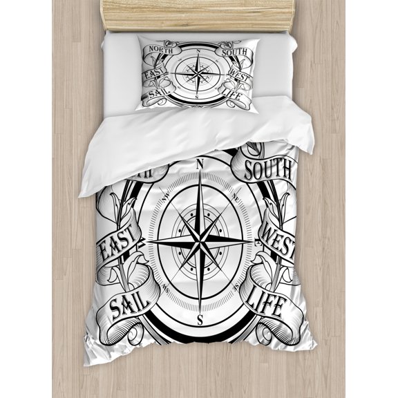 Compass Duvet Cover Set Twin Size, Navigation Device Direction Flares Sail Life Marine Inspired Windrose Work of Art, Decorative 2 Piece Bedding Set with 1 Pillow Sham, Black White, by Ambesonne