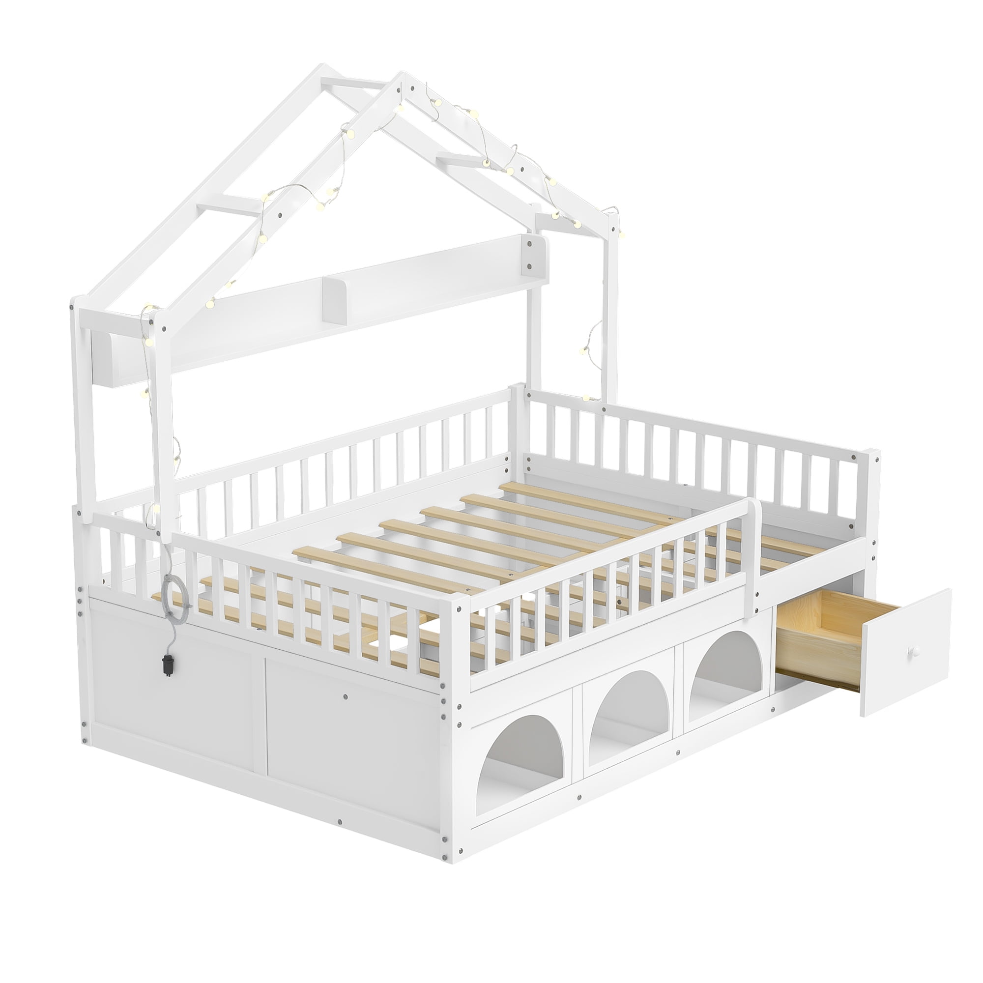 Mintazer Full Montessori Floor Bed with LED Lights & Bookshelf, Kids House Floor Bed with 3 Arched Cubbies & Drawer and Guardrail for Boys Girls Bedroom Playroom, White