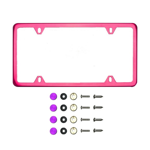 KA Depot Four Hole Slim Version Raspberry Pink Chrome License Plate Frame T304 Stainless Steel   Metal Screw Caps